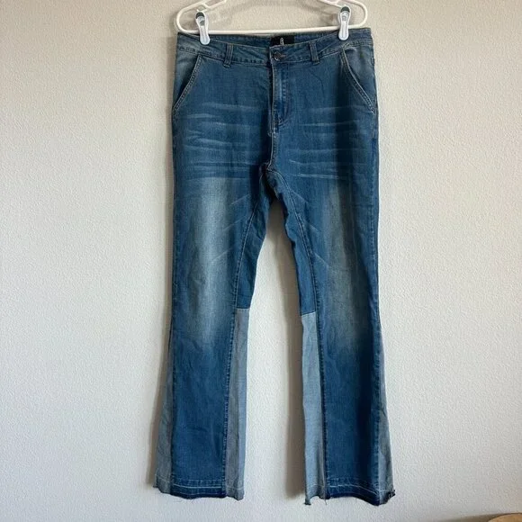 Blue Denim Patchwork Stretch Jeans Slim Fit Flared Pants - Picture 2 of 7